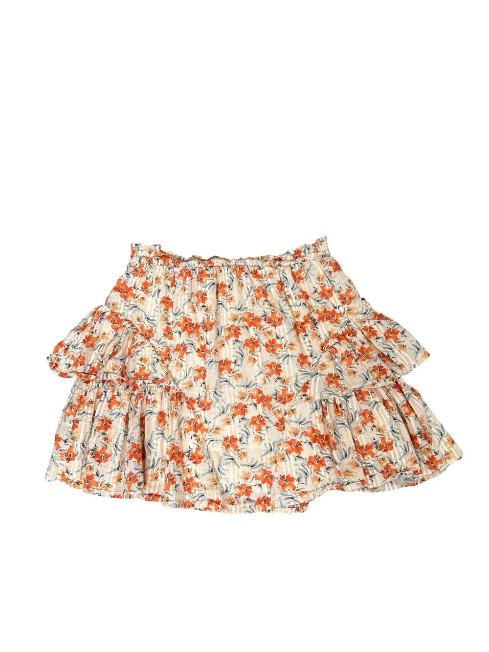 MINKPINK Zahari Floral Tiered Ruffle Mini Skirt in Cream and Rust. Boho S